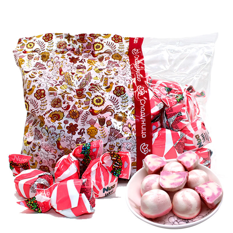 俄罗斯进口撕拉都草莓酸奶牛奶巧克力棉花软糖喜糖糖果500克包邮