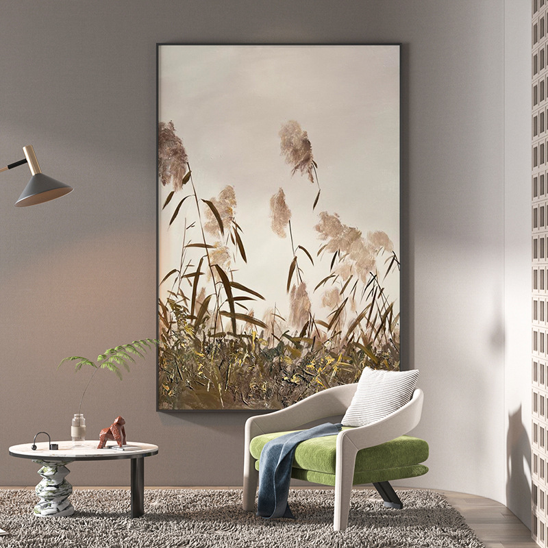 现代简约餐厅客厅玄关装饰画侘寂风芦苇荡风景背景墙壁画竖版挂画