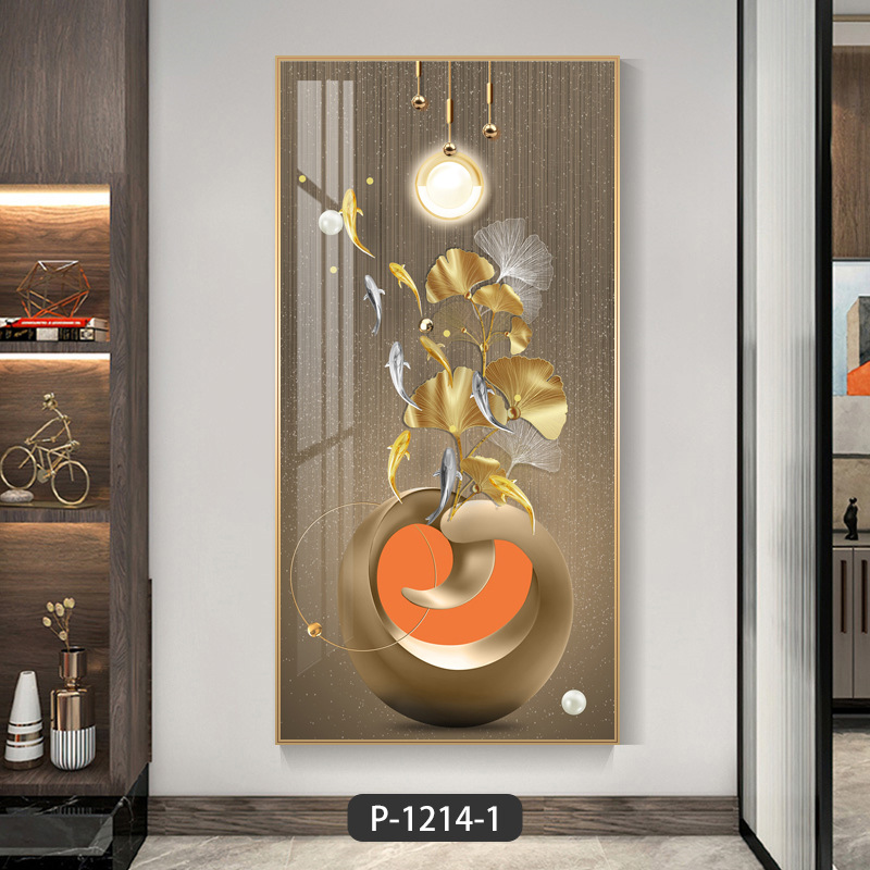 现代轻奢入户玄关装饰画走廊过道墙面挂画九鱼寓意好竖版晶瓷壁画图片