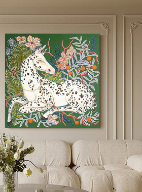 美式绿色骏马餐厅客厅背景墙法式中古风书房背景墙挂画方形装饰画