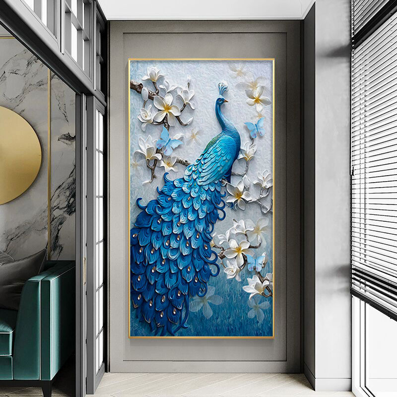 孔雀玄关走廊过道装饰画室内晶瓷镶钻挂画沙发背景墙壁画铝合金画图片