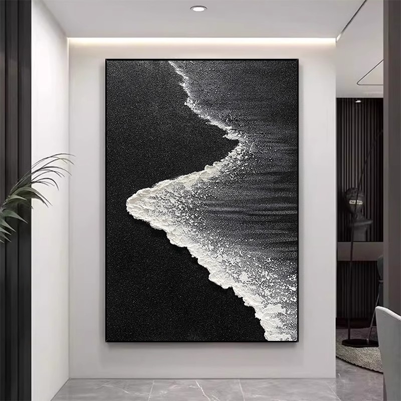 手绘油画《浪逐》玄关挂画黑白肌理画客厅沙发背景墙装饰画