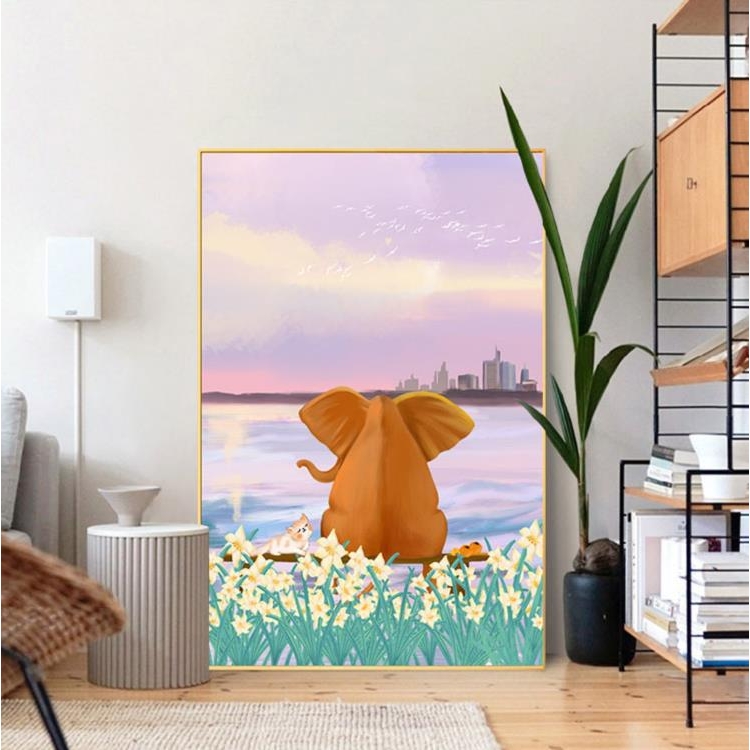 北欧现代客厅壁画创意治愈系陪伴主题房间挂画大象花卉玄关装饰画