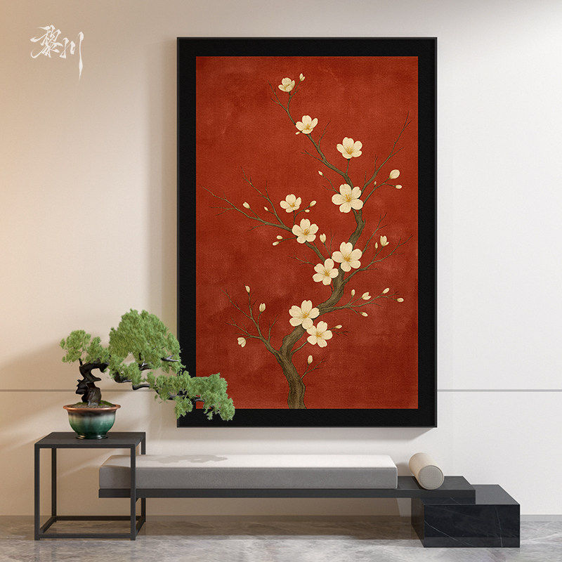 新中式轻奢红色中古风桃花茶室客厅卧室装饰画玄关背景墙壁画挂画