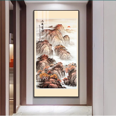 新中式入户玄关装饰画千里江山图竖版三水话楼梯挂画走廊过道壁画
