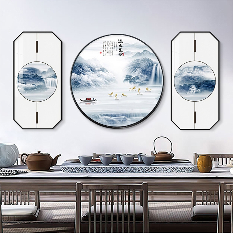 新中式客厅装饰画花鸟画沙发背景墙画中国风创意三联大气圆形壁画图片
