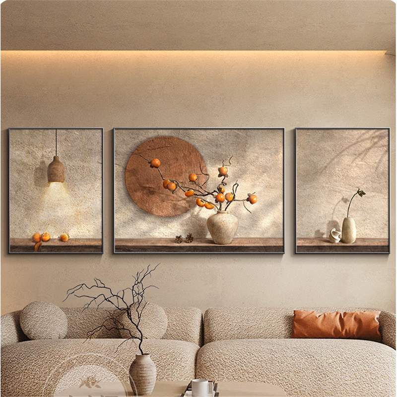 事事如意柿子画客厅装饰画日式侘寂风沙发背景墙挂画高级感三联画