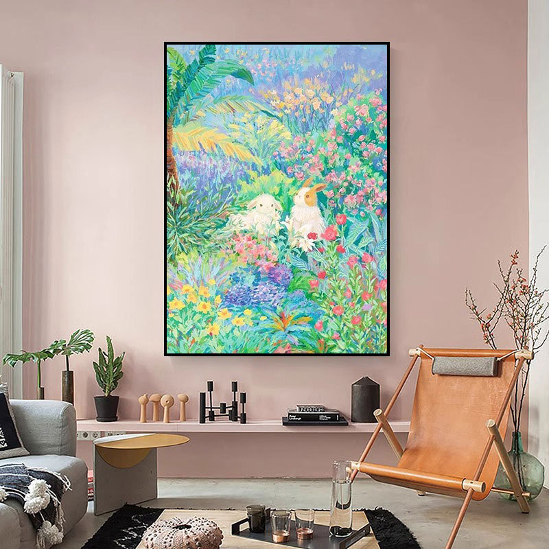 彩色花海轻奢壁画抽象动物兔子猫咪客厅装饰画小众艺术玄关挂画图片