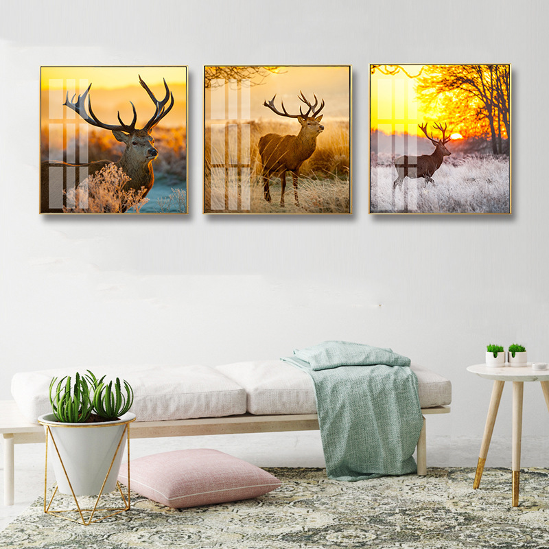 5D立体晶瓷画铝合金外框唯美壁画三联艺术装饰画夕阳麋鹿