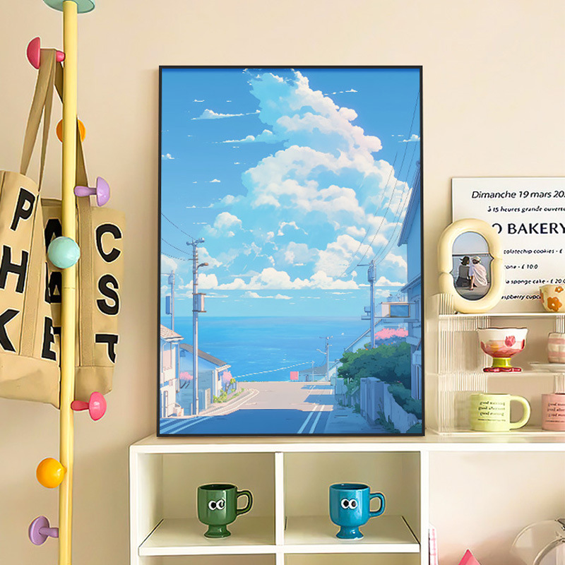治愈系宫崎骏风海边宁静小镇装饰画轻入户挂画客厅走廊壁画高级感
