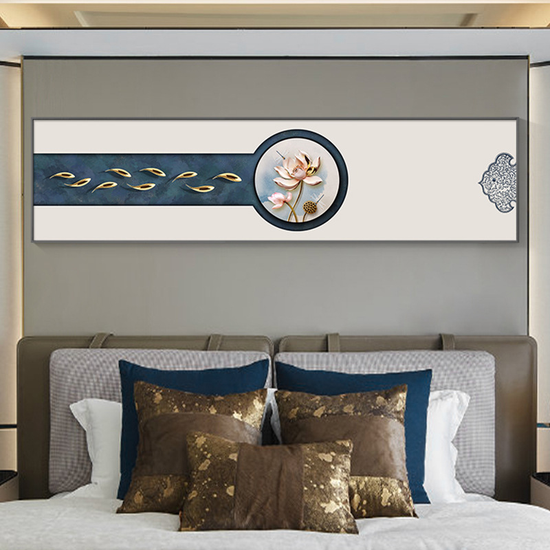 新中式卧室床头横幅装饰画九鱼图主卧房间墙面简约挂画寓意好壁画图片