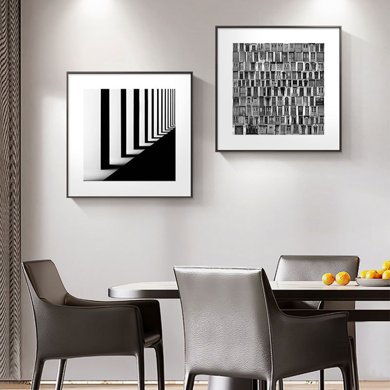 黑白抽象餐厅挂画正方形沙发背景墙装饰画现代极简侘寂风客厅壁画图片