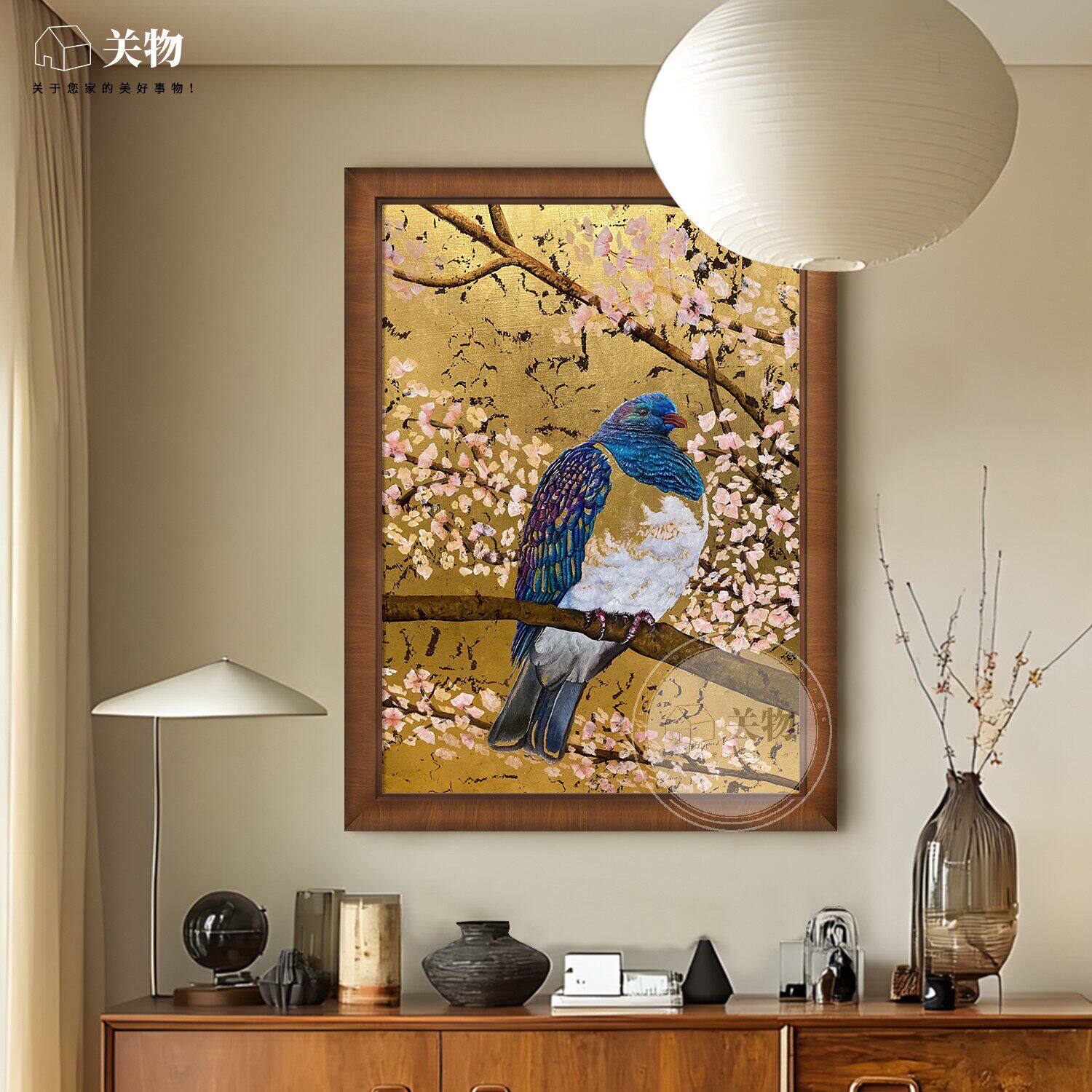 喜上枝头中古风装饰画玄关背景墙中式复古桃花喜鹊手绘油画壁挂画