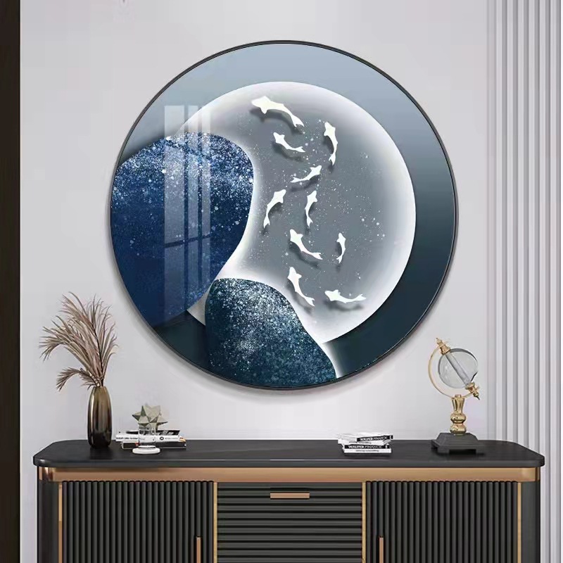 星空九鱼入户玄关圆形装饰画北欧客厅沙发背景墙壁画轻奢晶瓷挂画图片