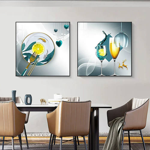轻奢餐厅装饰画现代简约墙画挂画两联饭厅壁画餐桌水果酒杯厨房画