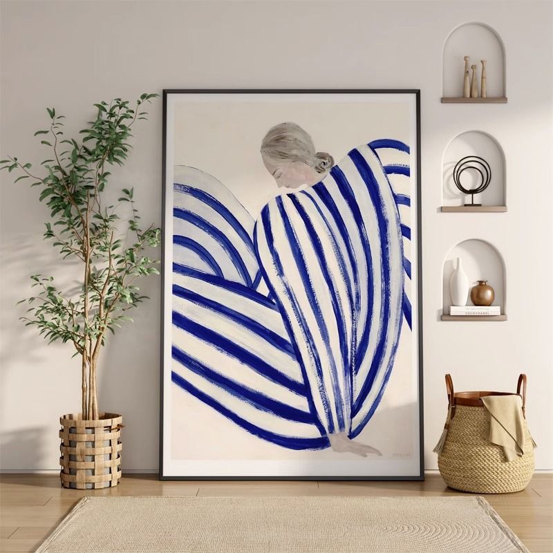 简抽象蓝色线条人物客厅沙发背景墙挂画  简约入户玄关过道装饰画