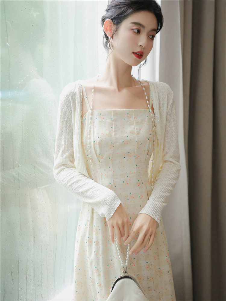 夏季仙女气质时尚套装裙新中式碎花印花吊带连衣裙雪纺开衫两件套