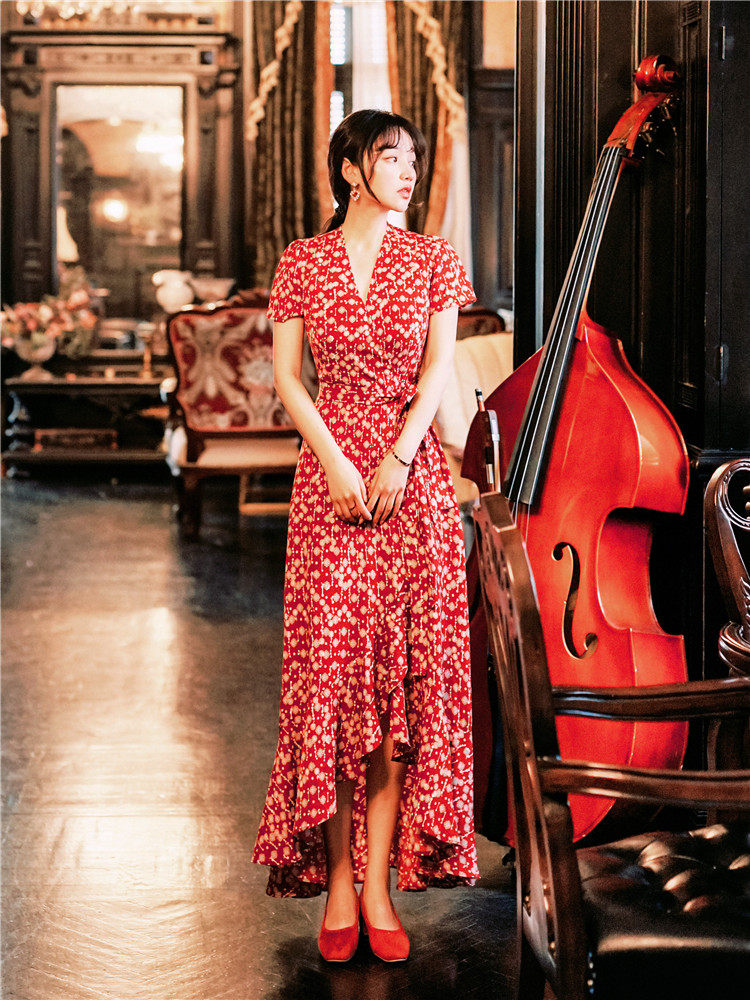 连衣裙女2021新款夏V领短袖气质女神范时尚收腰显瘦碎花雪纺长裙|ruв категории Женская одежда, платье - от Buy2taobao.com для оказания профессиональной услуги покупки агента Taobao