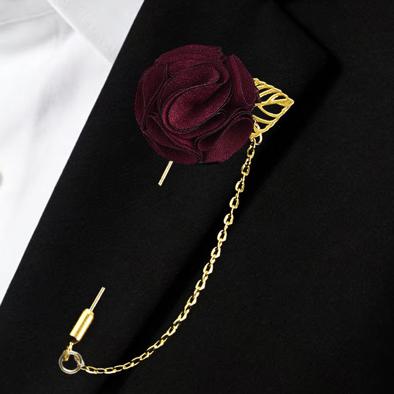 酒红色玫瑰花布艺胸针新郎结婚婚礼复古高档西装衬衫胸花男士配饰