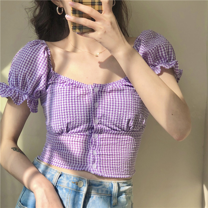 Real price girl's bubble sleeve front button one shoulder high waist Plaid short button short sleeve shirt