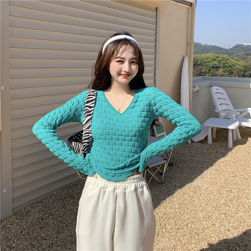 Real time base shirt slim long sleeve T-shirt 2021 retro Hong Kong style with V-neck black top