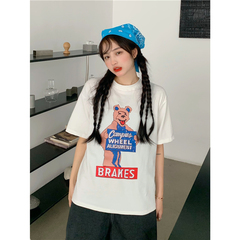 實拍實價可愛小熊t恤女春季韓版百搭休閒寬鬆顯瘦印花上衣