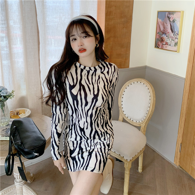 Real price hot girl retro zebra pattern slim dress women's feeling A-line buttock long sleeve skirt