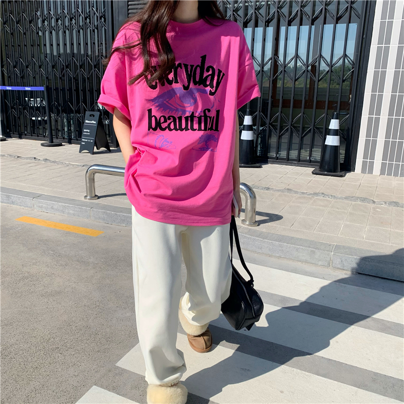 Real price printed short sleeve T-shirt 2021 spring / summer new loose and versatile round neck for women