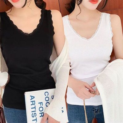 吊带背心女春夏外穿胖mm蕾丝花边无袖打底衫女内搭米白色性感上衣