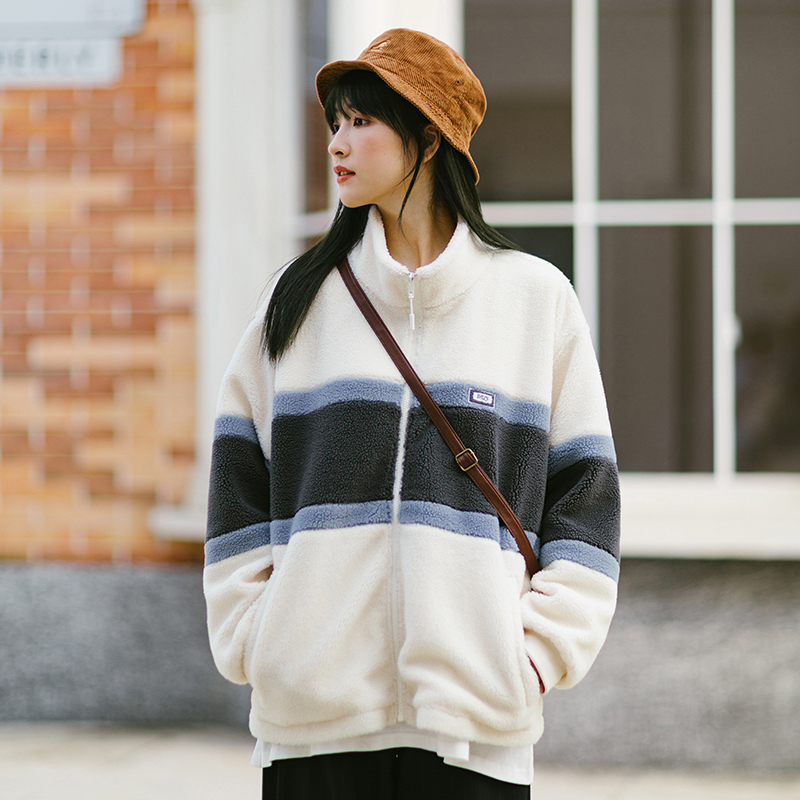 美潮鸭拼接羊羔绒ins男女夹克