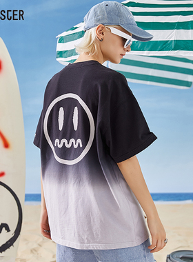 清仓福利BEASTER小恶魔鬼脸渐变色情侣宽松嘻哈国潮拍短袖T恤男