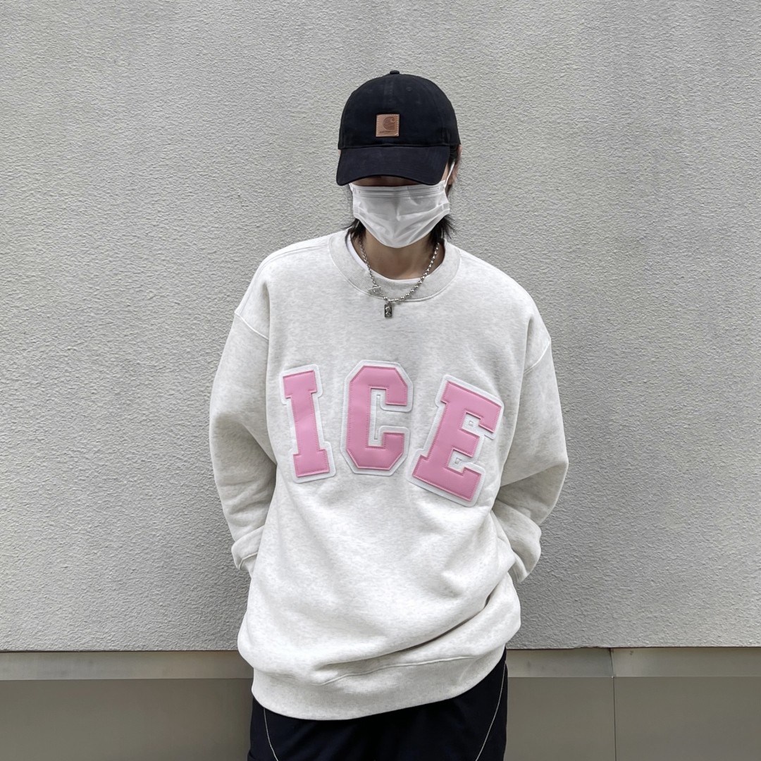 icereverie 美式复古皮标贴布绣字母秋冬加绒潮宽松情侣圆领卫衣