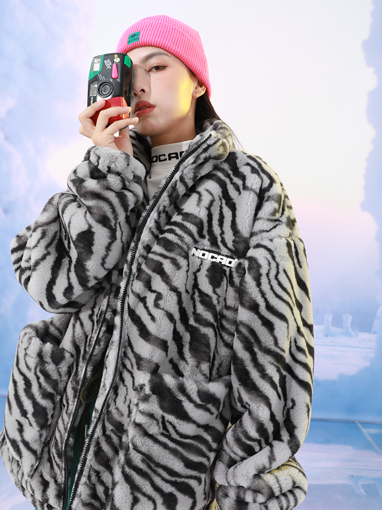 清仓福利NOCAO/弄嘲斑马纹毛巾绣夹克男情侣国潮牌仿兔毛外套