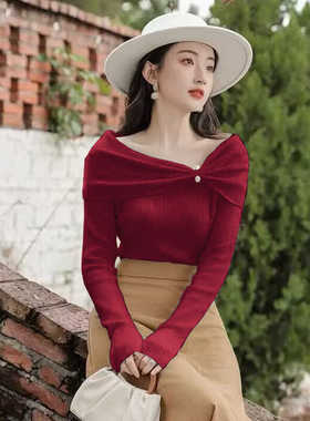 性感一字肩毛衣时尚红色打底设计2025气质针织衫新款上衣微剌风女