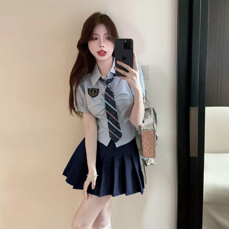 学院风套装女春季新款纯欲辣妹短款衬衫上衣+高腰百褶皮裙两件套
