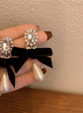 ROSES DEP/玫瑰在这里 亏本清！复古珍珠耳环丝绒蝴蝶结耳钉高级