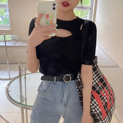 實拍 性感純色鏤空彈力T恤