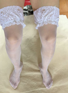性感男士带硅胶防滑蕾丝长筒丝袜 白色超薄袜脚尖透明高筒过膝袜