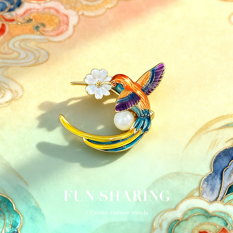 新中式国风花朵蜂鸟胸针高档女奢华气质复古衣服胸花西装别针配饰