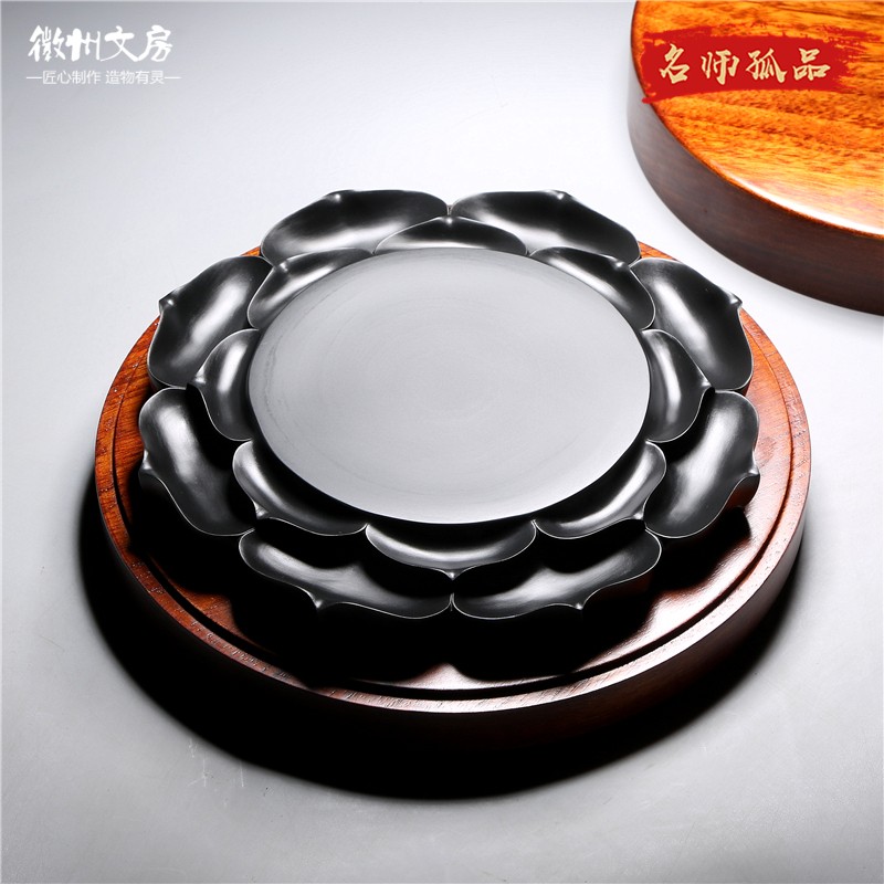 非遗名师作品 老坑砚台/莲花砚/原石黑龙尾籽料砚台高档文房礼品