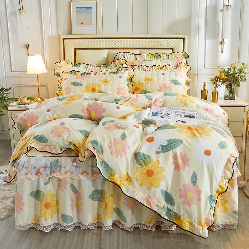 全棉床裙四件套纯棉夹棉加厚床罩枕套蕾丝花边被套1.5m1.8米套件