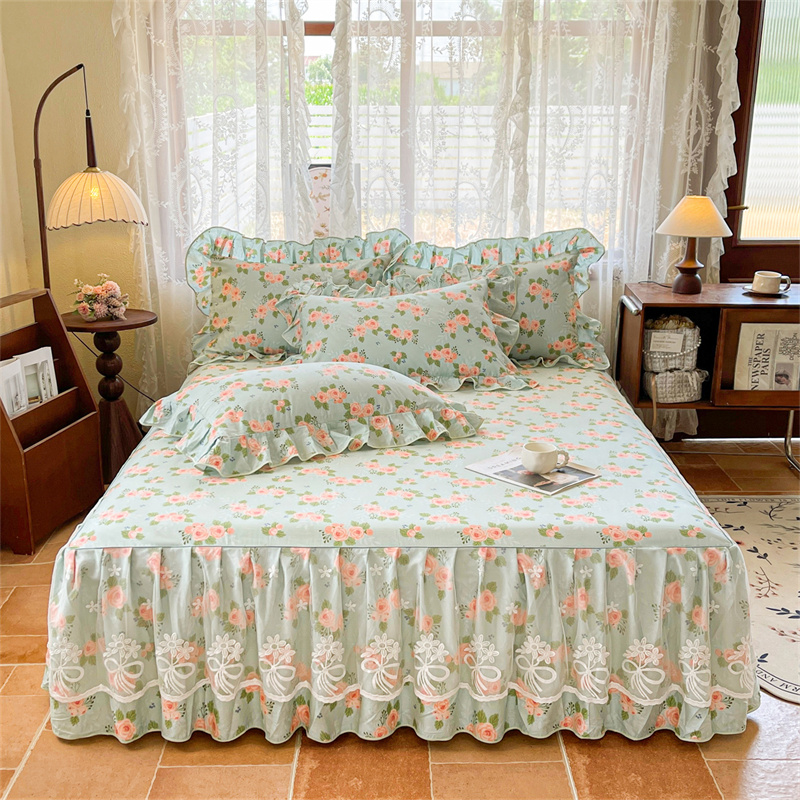 全棉床裙纯棉田园风花边款床罩