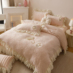 冬季 四件套牛奶绒夹棉加厚床单保暖雕花被套1.5m1.8米套件 床盖款