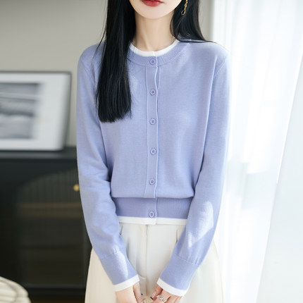 好品质上新~2026年薄款48支精纺羊毛假两件圆领开衫减龄百搭显瘦