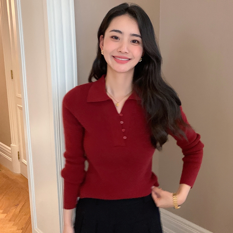 长袖polo领甜美羊绒修身不扎保暖