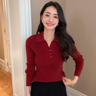 气质纯色羊绒衫女翻领羊绒毛衣秋冬季套头POLO领针织羊毛保暖修身