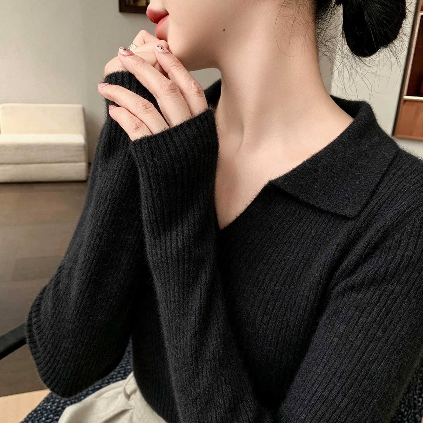山羊绒POLO领修身显瘦针织衫女