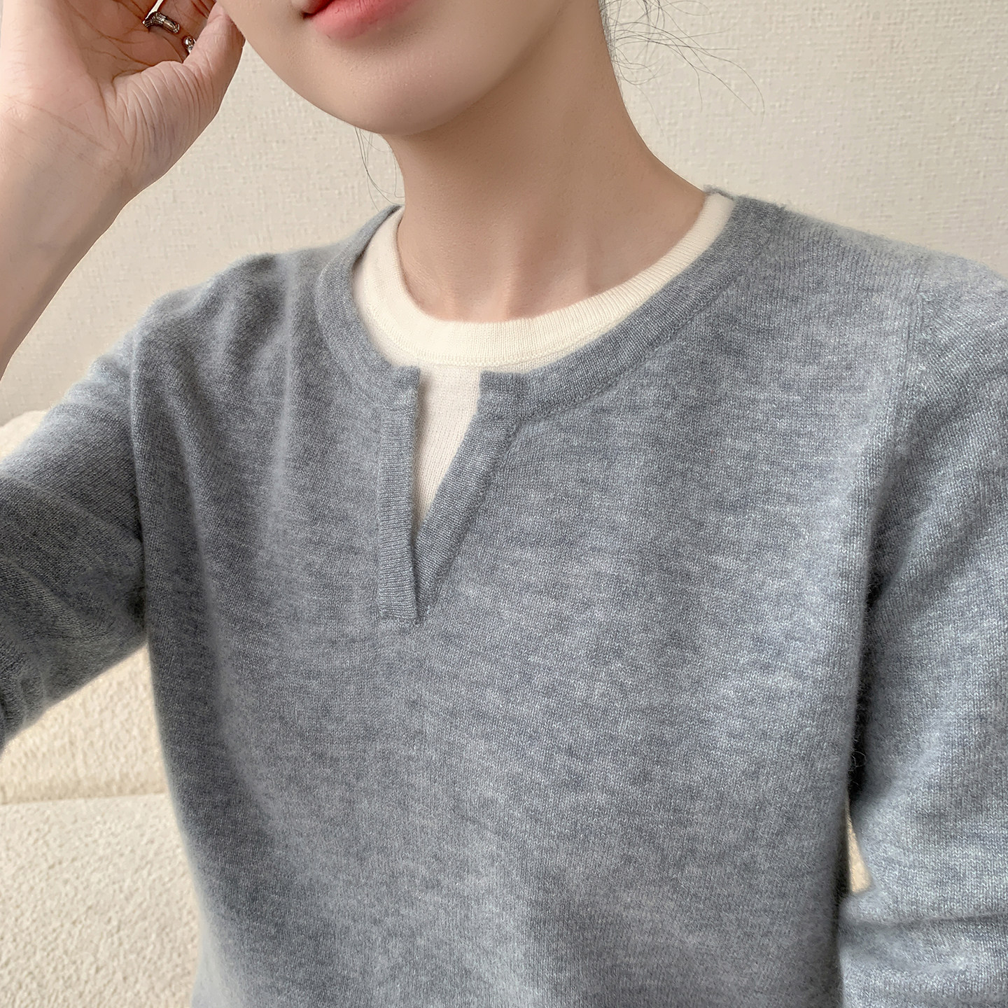 通勤拼色假两件显瘦女羊绒针织衫