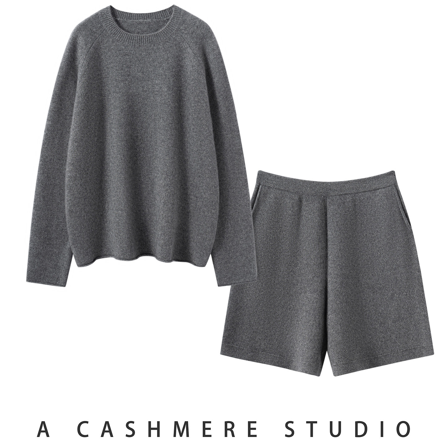 松弛感套装~秋冬新款山羊绒衫女士圆领套头针织毛衣宽松休闲短裤