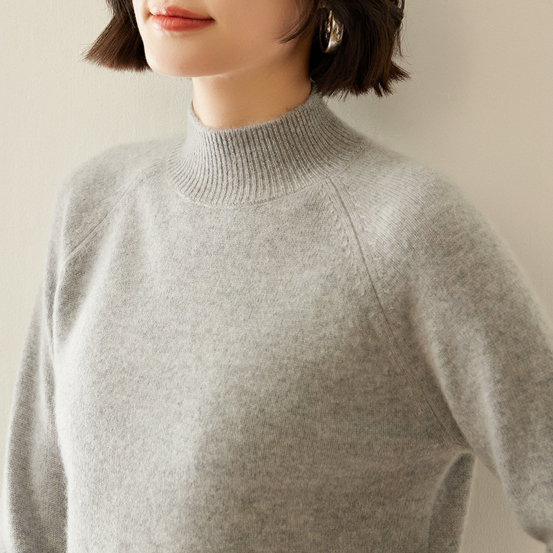 韩系~插肩袖纯色山羊绒衫女士半高领基础款羊绒针织打底衫宽松